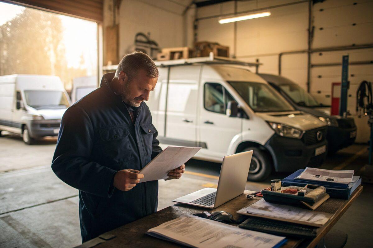 A fleet maintenance manager in a navy work jacket reading a printed service record at a shop workbench beside a laptop, with white work vans parked in the service bay behind him