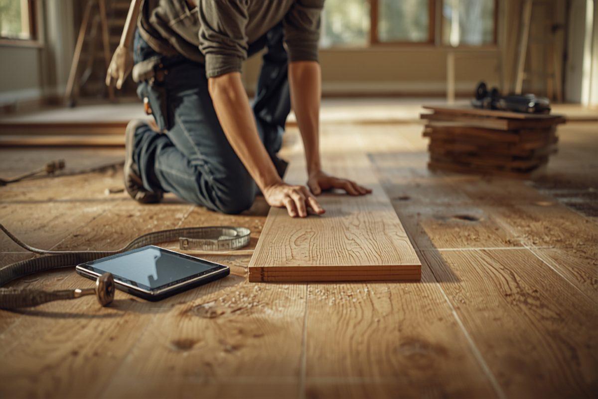 A flooring installer kneeling on a partly finished hardwood floor setting a wide oak plank into place, with a tape measure and a tablet on the floor beside him and a stack of remaining planks behind