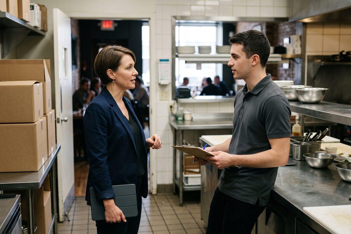 A woman in a navy blazer holding a tablet talking with a younger store manager in a dark polo shirt holding a clipboard, standing in the back service area of a small restaurant with stainless steel counters and stacked cardboard boxes