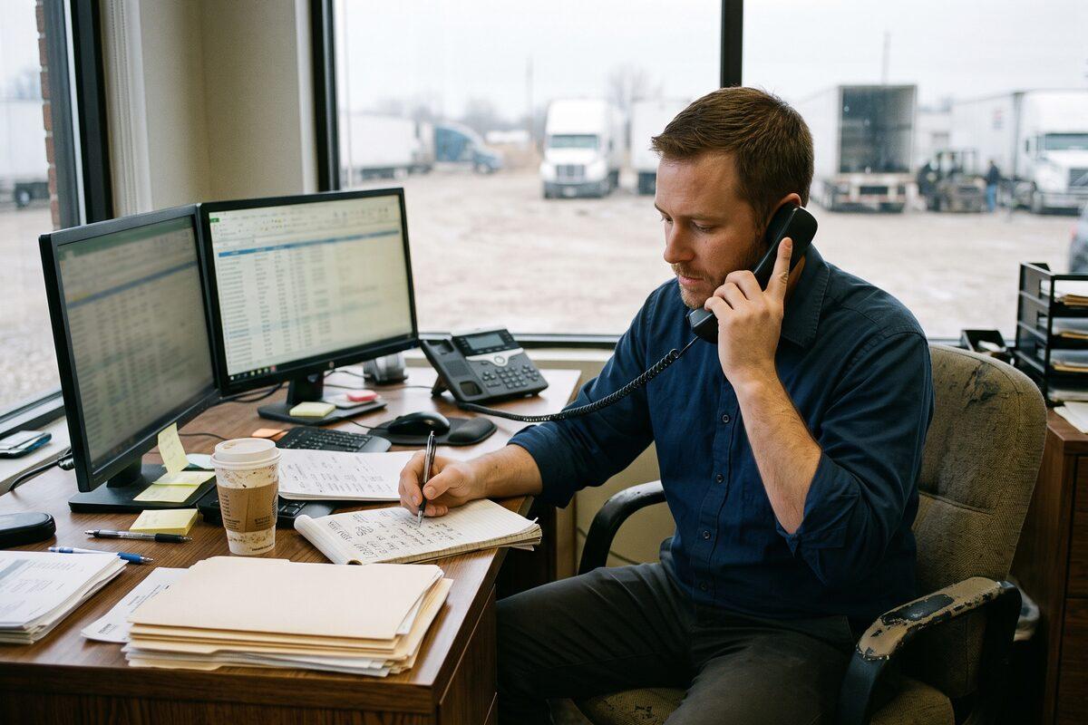 A freight broker in a blue button-down shirt at a desk in a small logistics office, holding a desk phone to his ear while writing load numbers on a legal pad, with two monitors showing rate spreadsheets and parked tractor-trailers visible through the window behind him