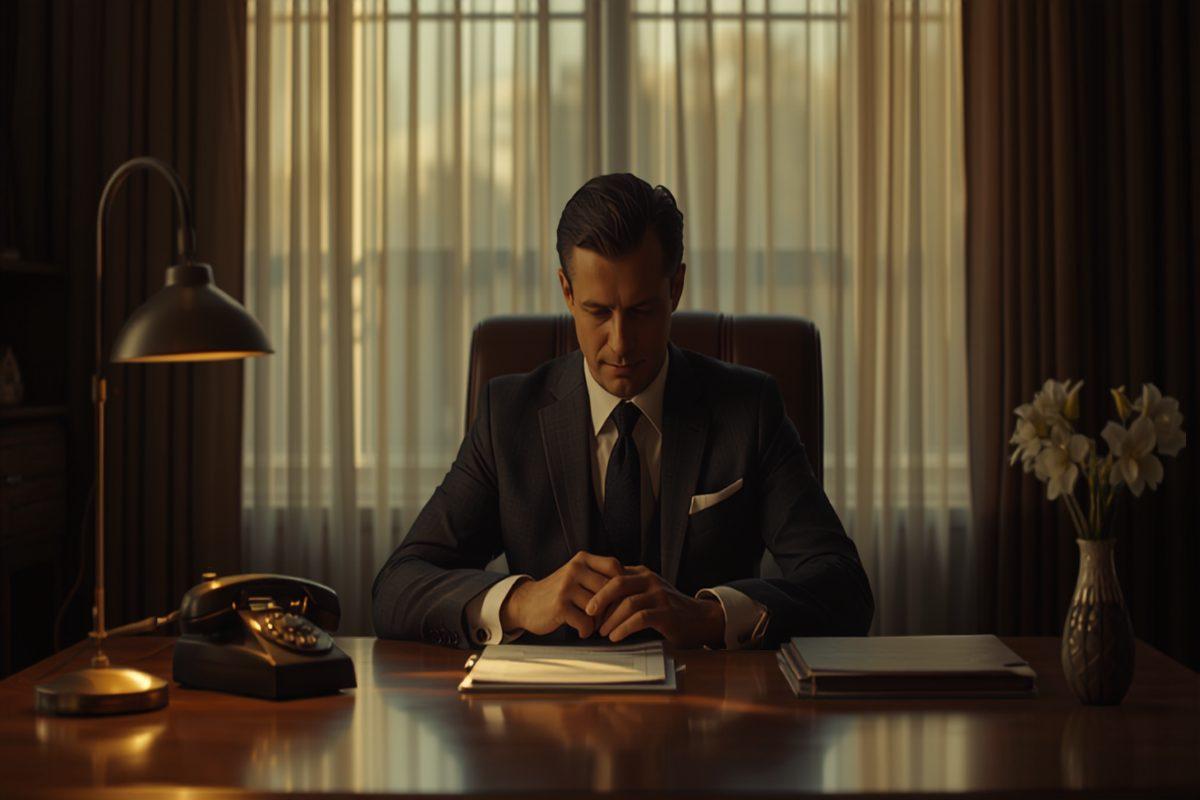 A funeral director in a dark suit seated at a polished wooden desk in a quiet, warmly lit office, reviewing paperwork beside a desk lamp, a black rotary telephone, and a vase of white flowers, with soft light coming through sheer curtains behind him
