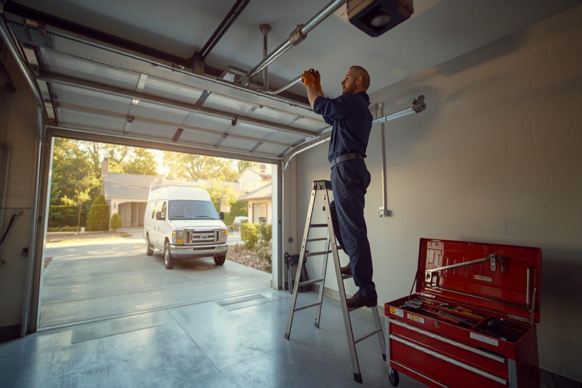 A garage door technician in a navy uniform standing on a stepladder inside an open residential garage adjusting the torsion spring and track hardware, with an open red toolbox on the floor and a white service van in the driveway
