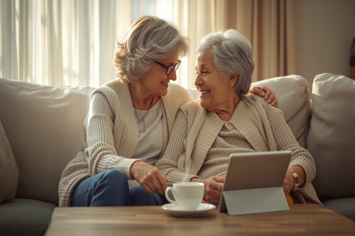 A home care aide sitting and talking warmly with an elderly woman in a bright living room, a tablet resting on the table between them in soft afternoon light