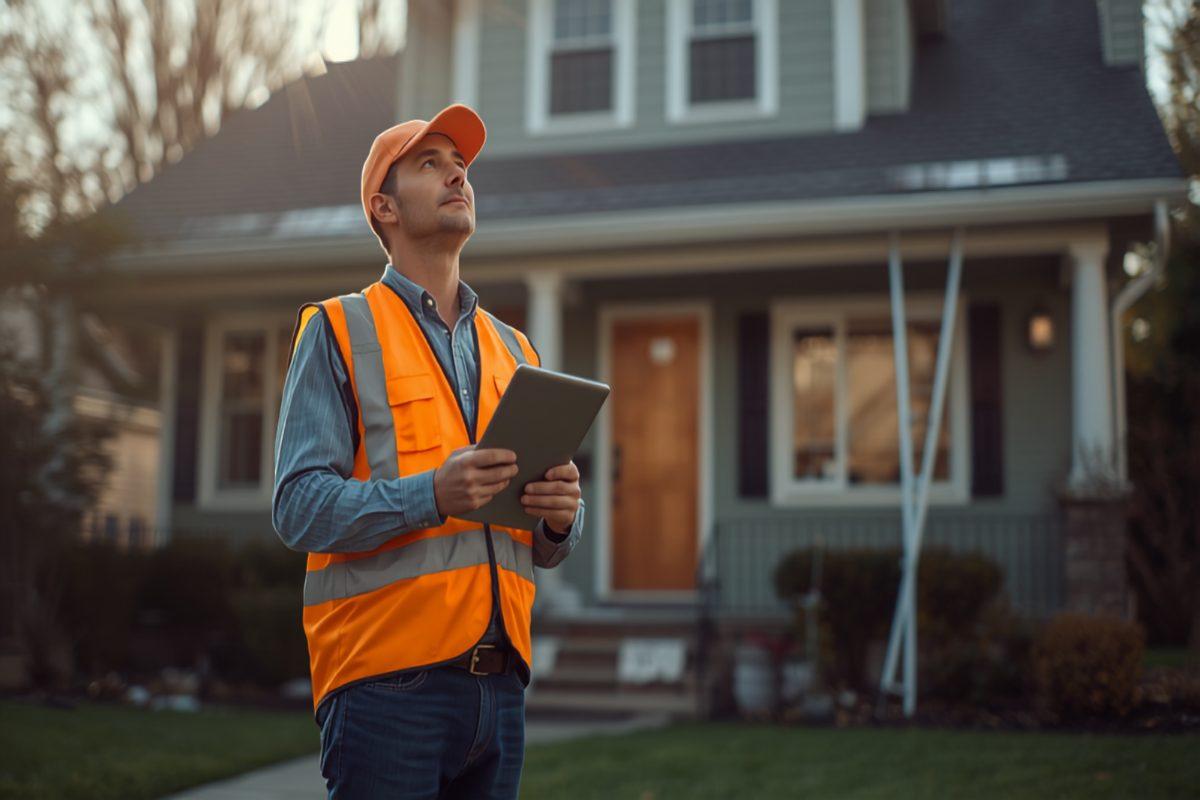 A home inspector in a safety vest holding a tablet while examining the exterior of a suburban house, checking the roofline and gutters in warm morning light
