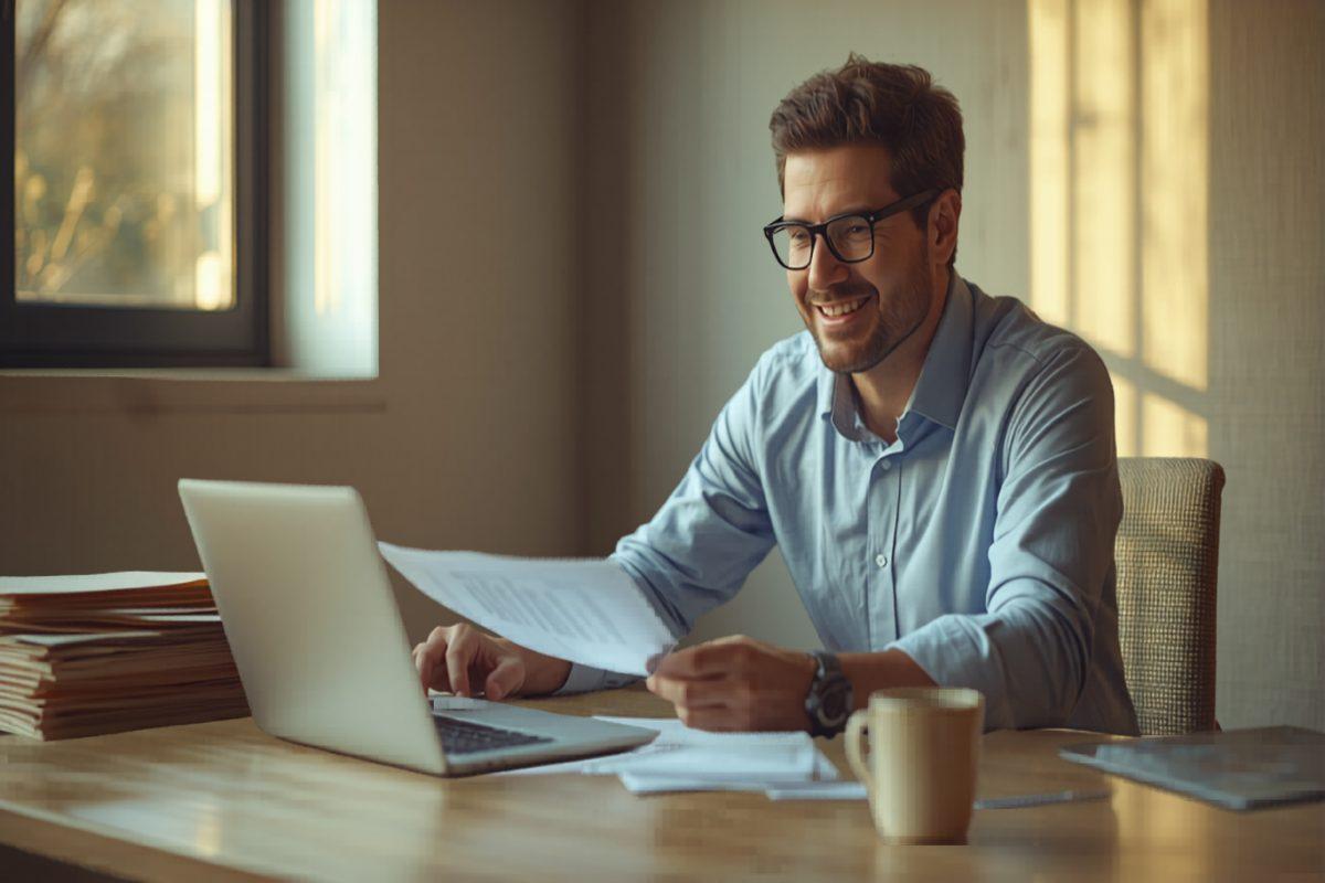 Insurance agent reviewing policy management software at a desk with client files and a laptop