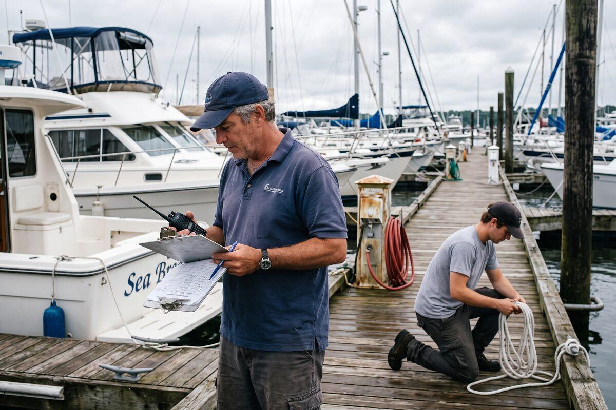 A marina dockmaster in a faded blue polo and ball cap standing on a wooden floating dock beside moored boats, holding a clipboard with a paper slip-assignment sheet and a two-way radio, while a younger dockhand kneels nearby coiling a dock line