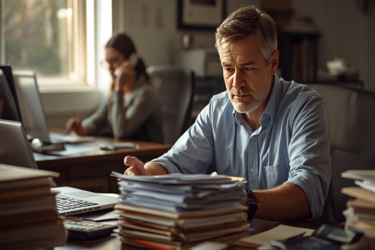 A mortgage loan officer at his desk reviewing a thick stack of printed loan files beside a laptop and calculator, with a colleague on the phone at a desk behind him