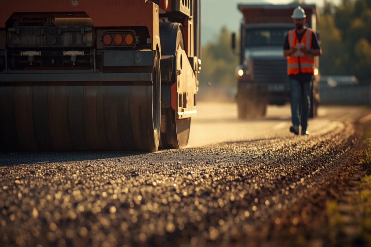 A double-drum roller compacting a fresh mat of hot asphalt in the early morning, with a foreman in a high-visibility orange vest and white hard hat walking the edge of the mat and a dump truck waiting behind him