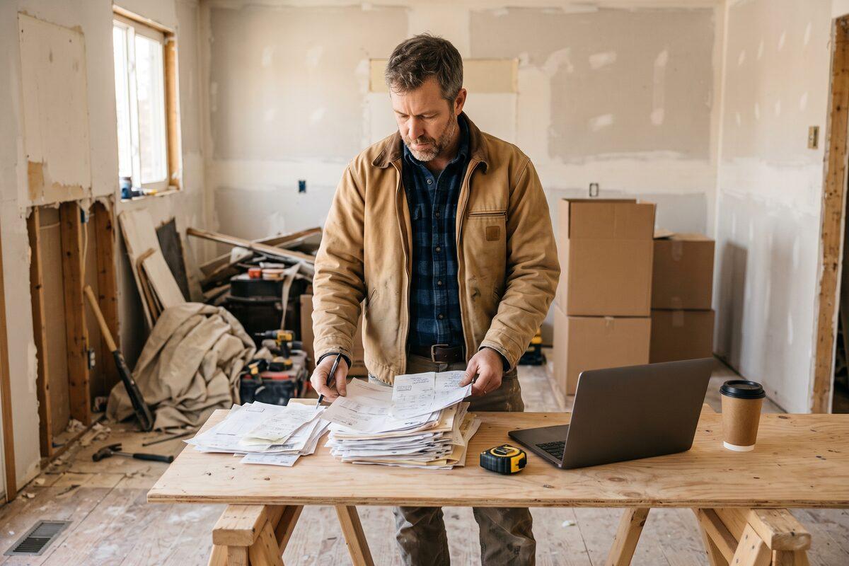 A real estate investor in a canvas work jacket standing in a gutted kitchen mid-renovation, sorting a stack of contractor invoices and receipts on a plywood counter laid over sawhorses, with an open laptop, a tape measure, and stacked cardboard boxes behind him