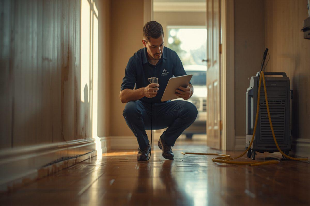 A water damage restoration technician in a navy uniform polo crouched on a wet hardwood floor inside a flooded residential home, placing an industrial air mover next to a wall with removed baseboards, holding a moisture meter against the wall while checking a tablet showing a job sheet