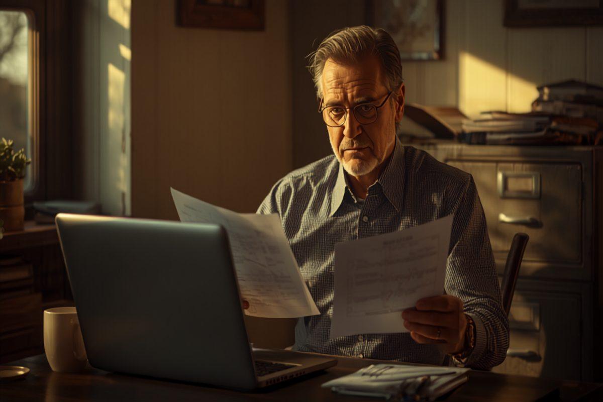 A small business owner in his fifties at a wooden desk in warm window light, reviewing a printed checklist beside a laptop with a filing cabinet behind him