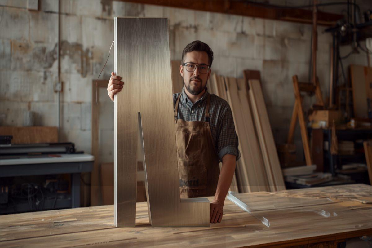 A sign fabricator in a work apron and safety glasses standing at a workbench in his shop, holding a large brushed-aluminum channel letter upright with acrylic sheets and material stacked behind him