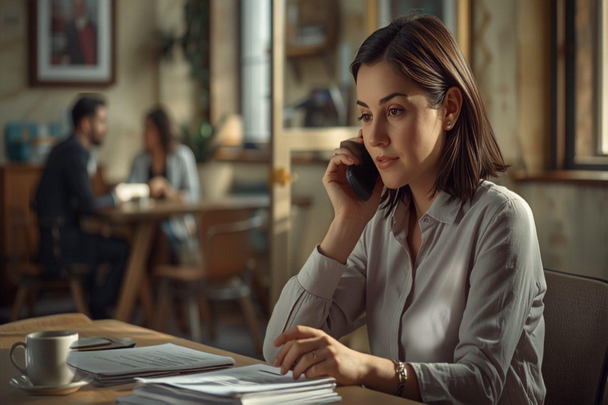 A staffing agency recruiter at her desk reviewing candidate resumes and a printed timesheet beside a laptop, with a colleague interviewing a candidate in the background