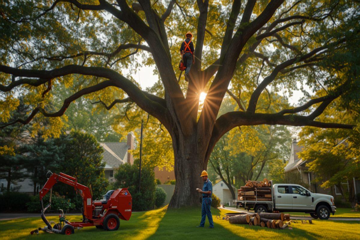 An arborist in a hard hat and harness working high in a large hardwood tree while a ground crew member below stands beside a chipper and a log-loaded truck holding a tablet, in warm morning light