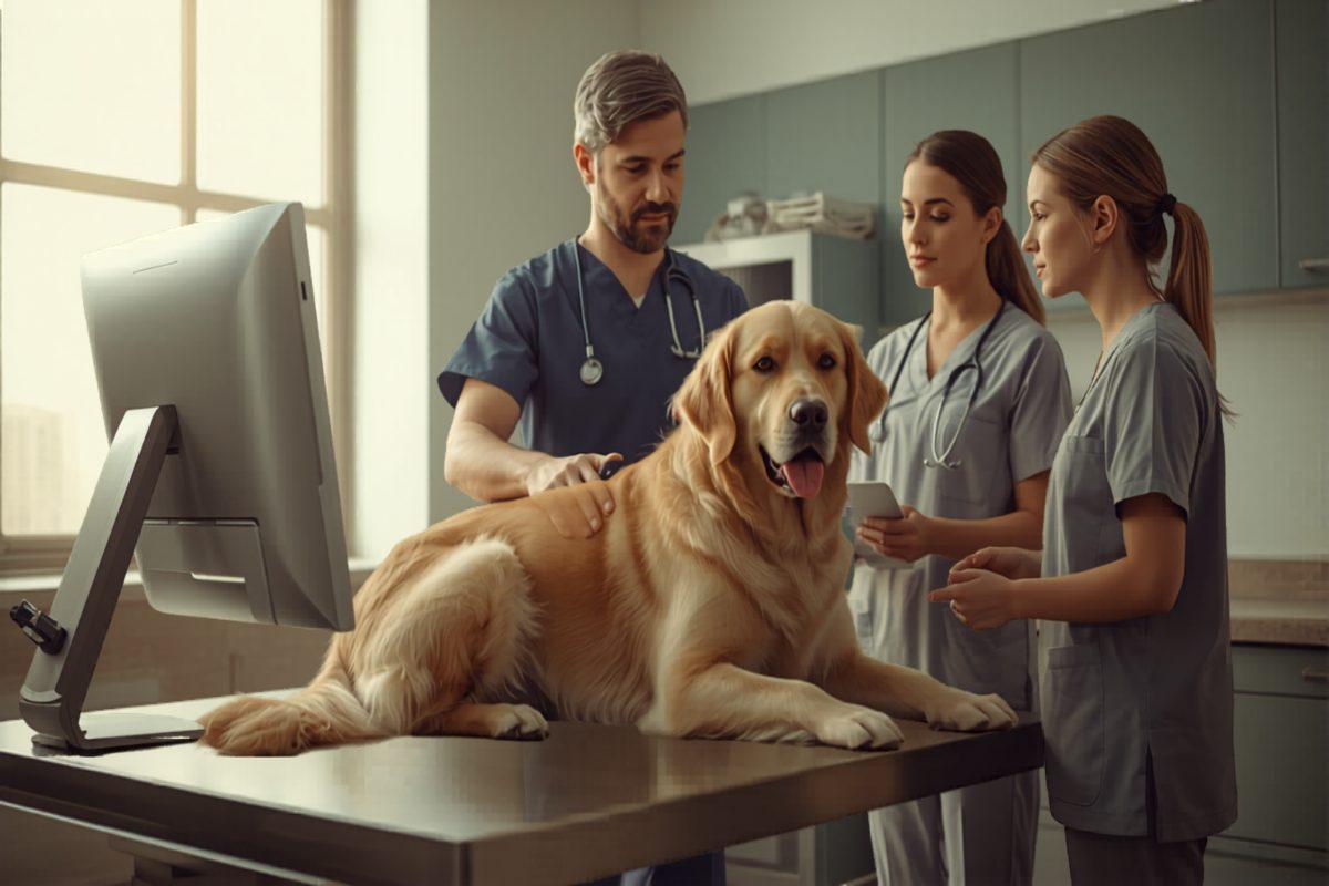 A veterinarian in scrubs examining a dog on a stainless steel table while a technician reviews the patient's record on a monitor in a calm, well-lit exam room