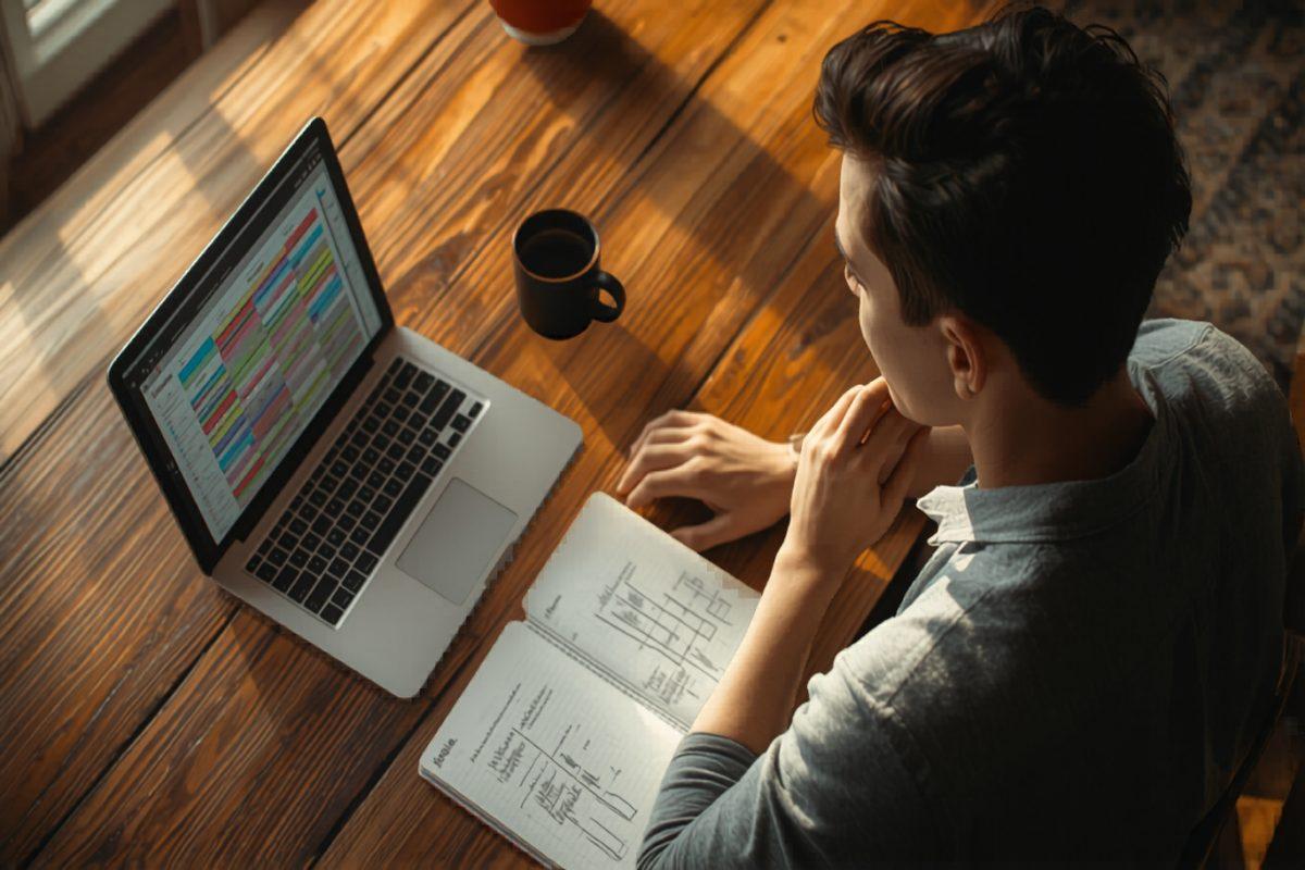 Small business owner at a wooden desk comparing a low-code grid on a tablet with a laptop, deciding whether to stay on Airtable or invest in custom software