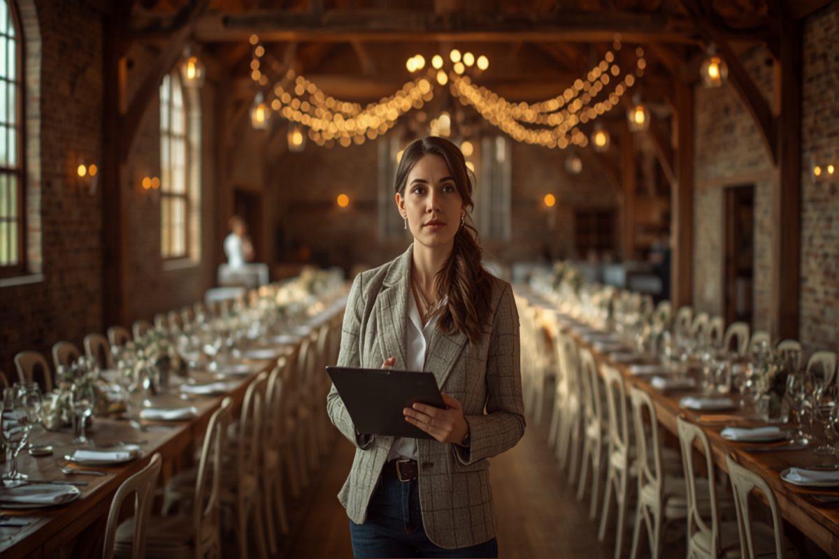 A venue coordinator holding a tablet standing between two long banquet tables set for a reception inside a restored brick and timber barn, string lights hanging overhead