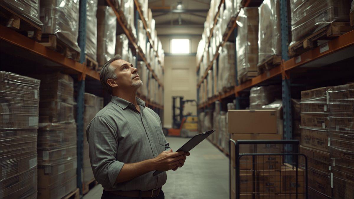 A man in a grey work shirt holding a clipboard in the aisle of a small wholesale distribution warehouse, looking up at pallet racking stacked with shrink-wrapped pallets and cardboard cases, with a forklift parked further down the aisle behind him