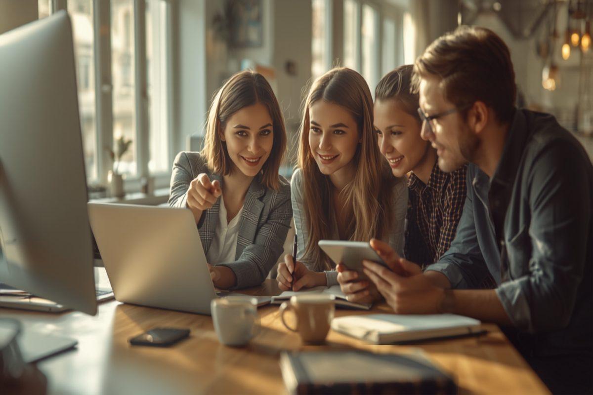 A small business team gathered around a laptop and tablet during a hands-on software training session in a bright office