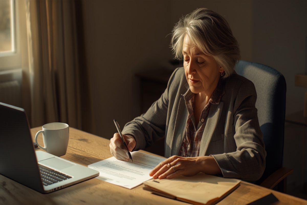 A small business owner in her fifties sitting at a wooden desk in warm window light, pen in hand, reading the last page of a printed software development contract beside a laptop and a manila folder