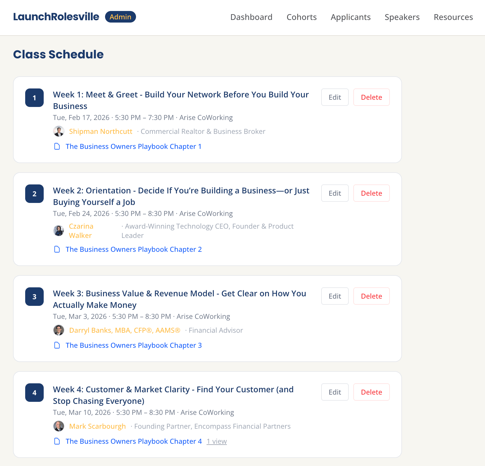 LaunchRolesville student portal showing the class schedule with speakers and resources