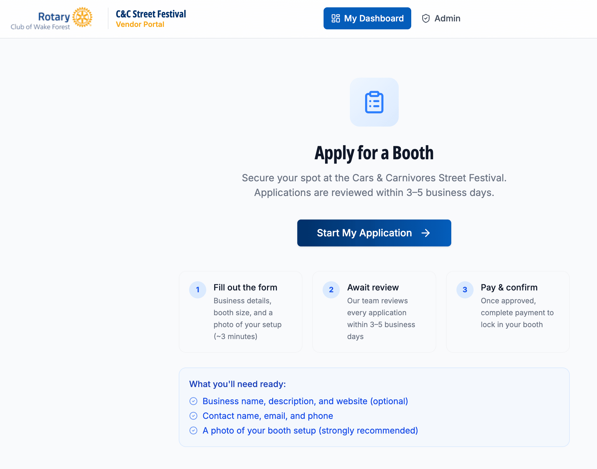 C&C Street Festival vendor application portal showing Apply for a Booth screen